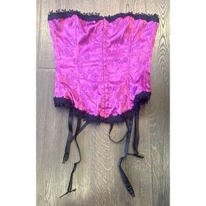Frederick's of Hollywood Fuschia Black Lace Trimmed Corset Lingerie 36 Sexy